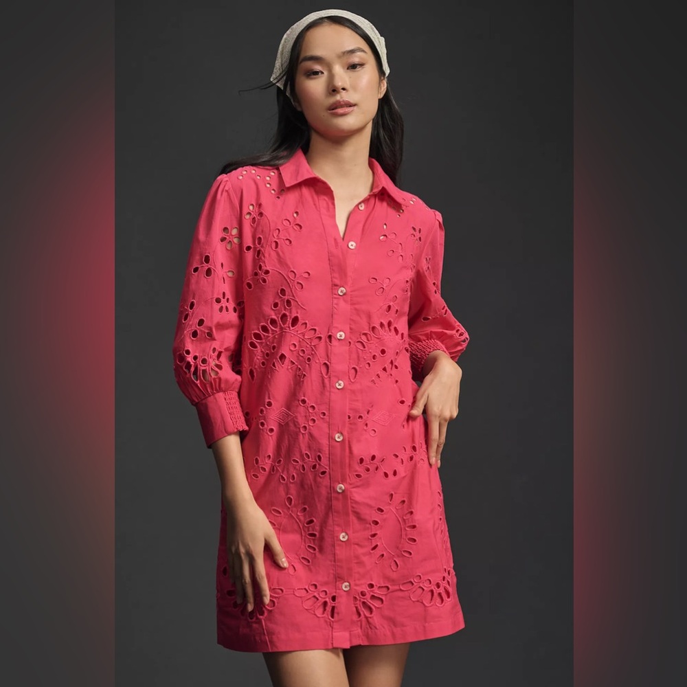 Anthropologie Long-Sleeve Embroidered Buttondown Mini Dress